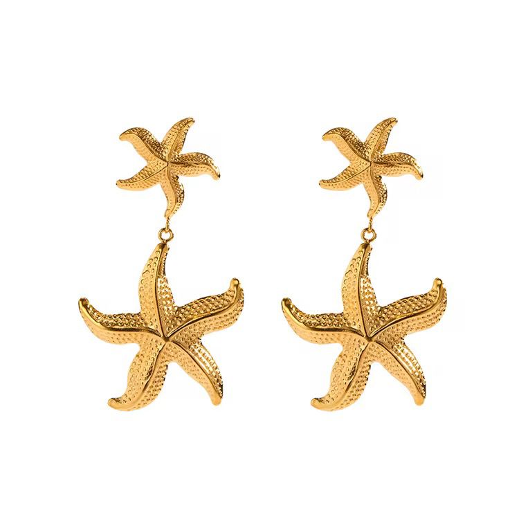 Textured Double Starfish Statement Dangling Earrings - Demifine 18KT Gold Plated