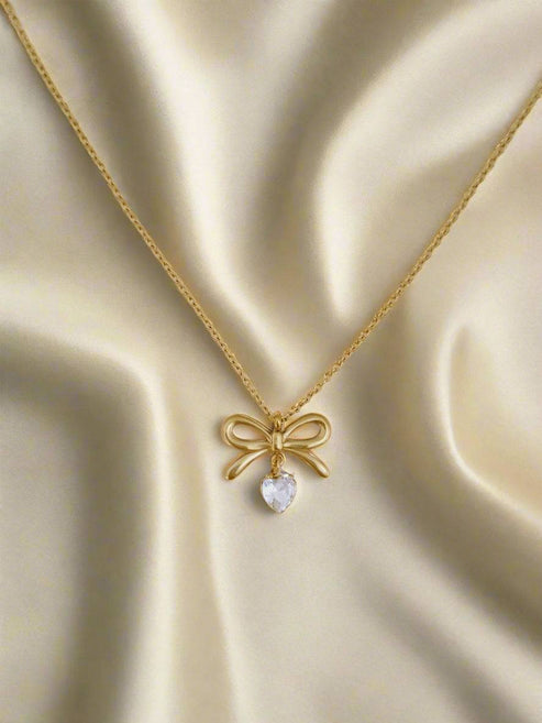 American Diamond Studded Pookie Bow Pendant - Demifine 18KT Gold Plated