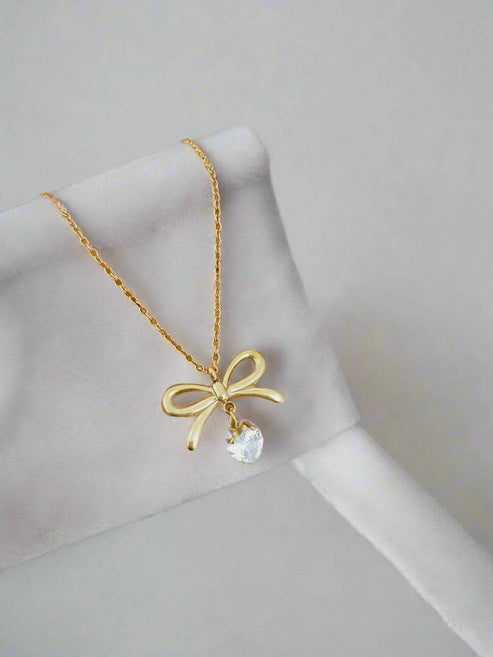 American Diamond Studded Pookie Bow Pendant - Demifine 18KT Gold Plated