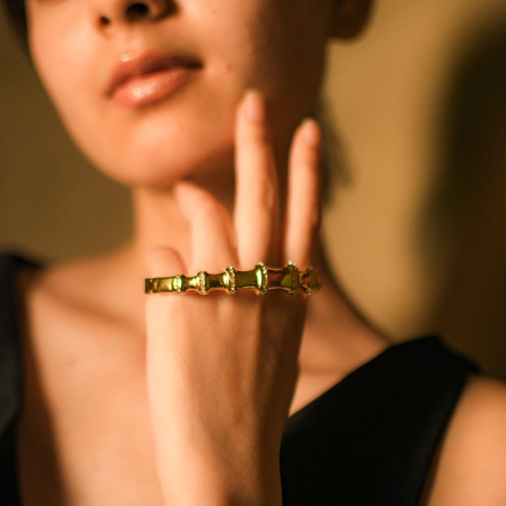Bamboo Zirconia Studded Cuff Bracelet -18KT Gold Plated