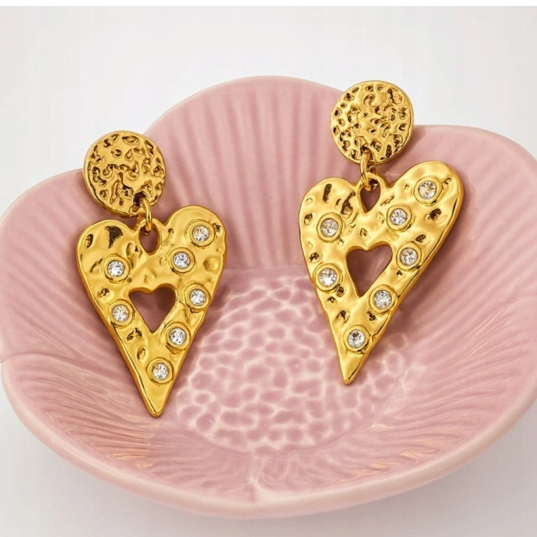 Diamond Heart Drop Earrings -18KT Gold Plated
