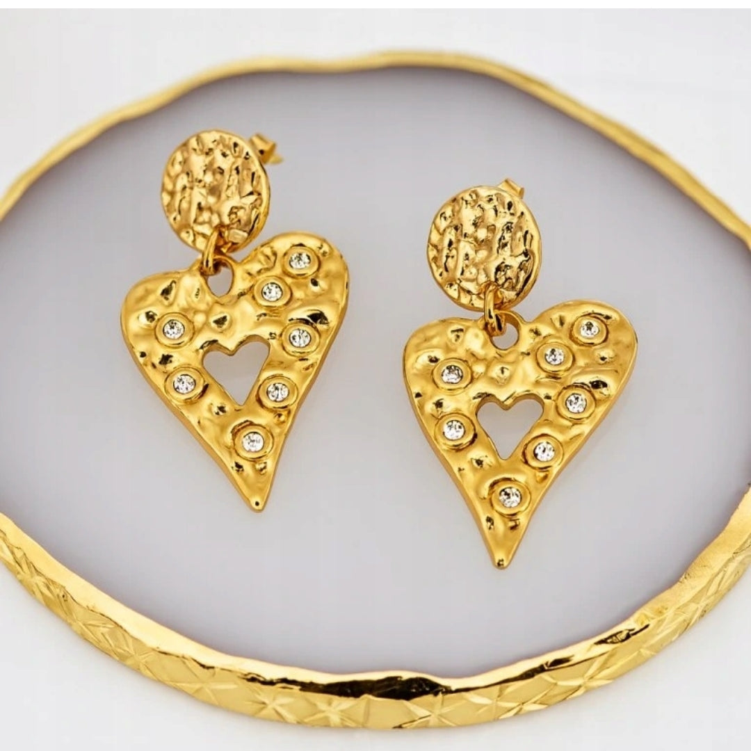 Diamond Heart Drop Earrings -18KT Gold Plated