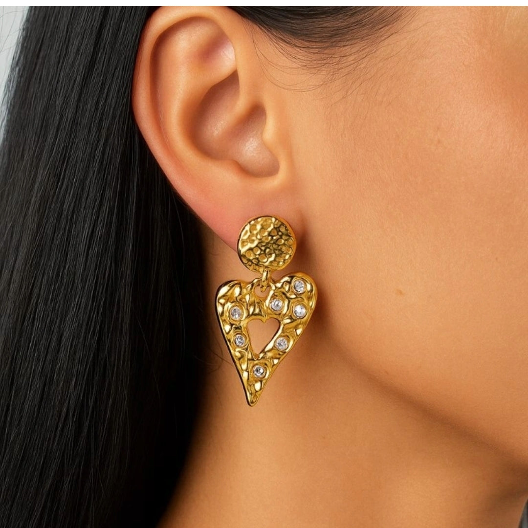 Diamond Heart Drop Earrings -18KT Gold Plated