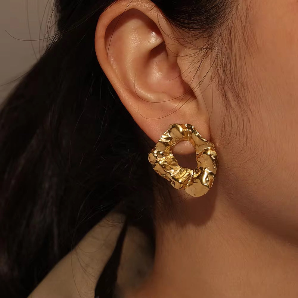 Hammered Textured Round Stud Earring - Demifine 18KT Gold Plated