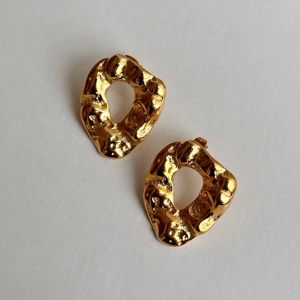 Hammered Textured Round Stud Earring - Demifine 18KT Gold Plated