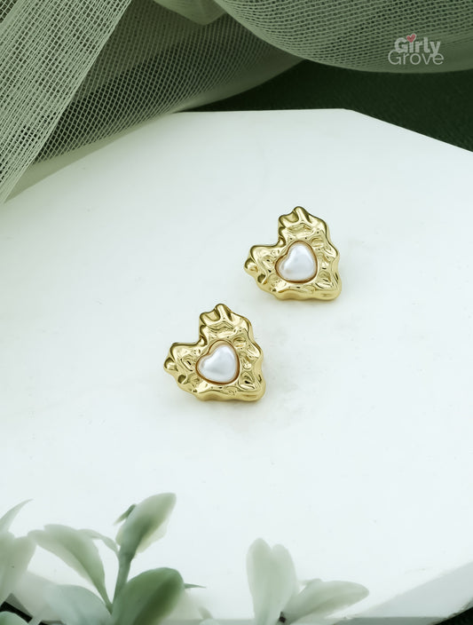 Pearl Studded Heart Statement Earring - Demifine 18KT Gold Plated