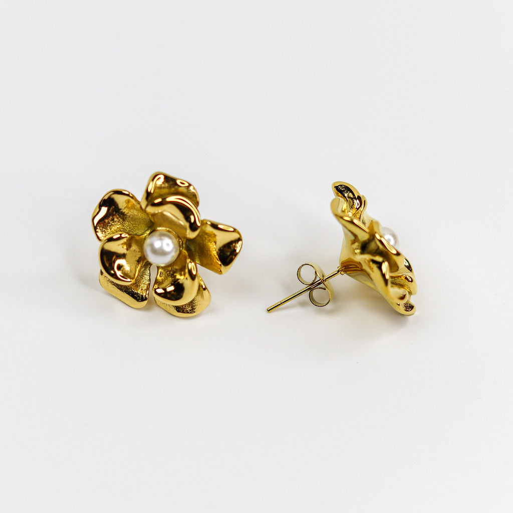Pearl Studded Rose Earrings - Demifine 18KT Gold Plated