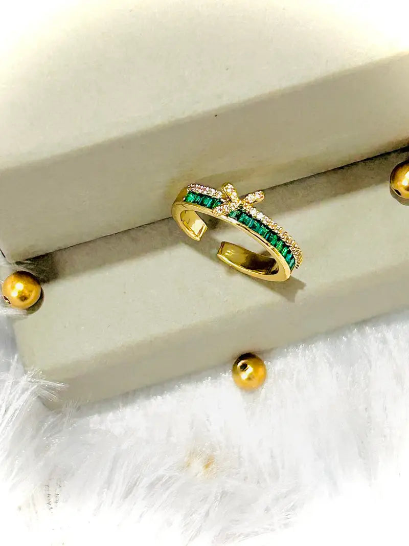 Love Knot Emerald Bow Statement Ring- Demifine 18KT Gold Plated