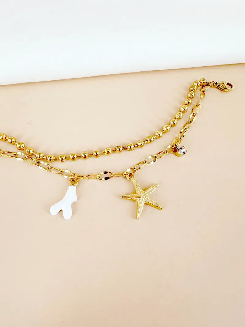 Zirconia Studded Shell, Starfish Multicharm Bracelet - Demifine 18KT Gold Plated