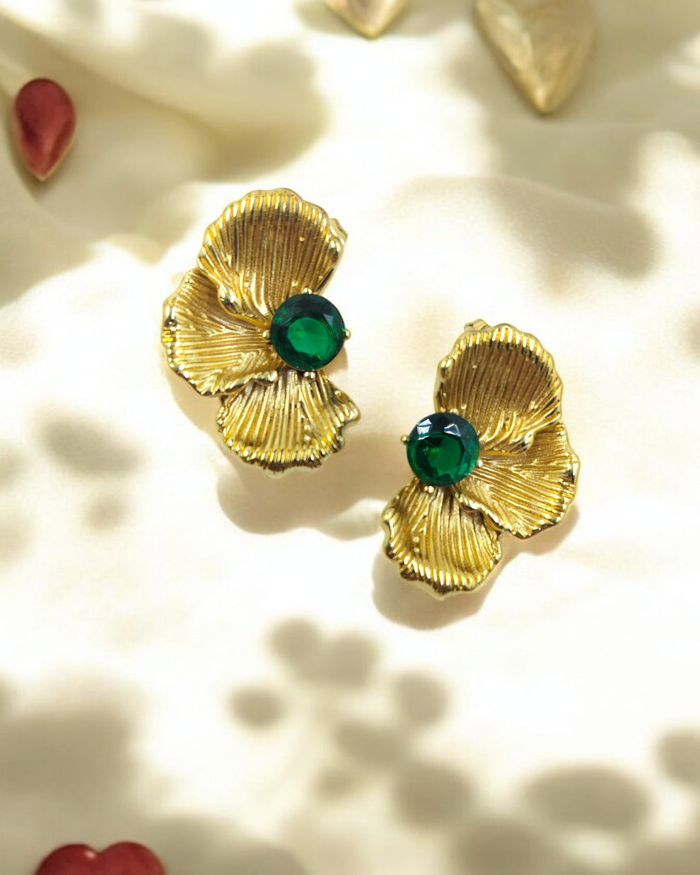Emerald Stone Floral Statement Earring - Demifine 18KT Gold Plated