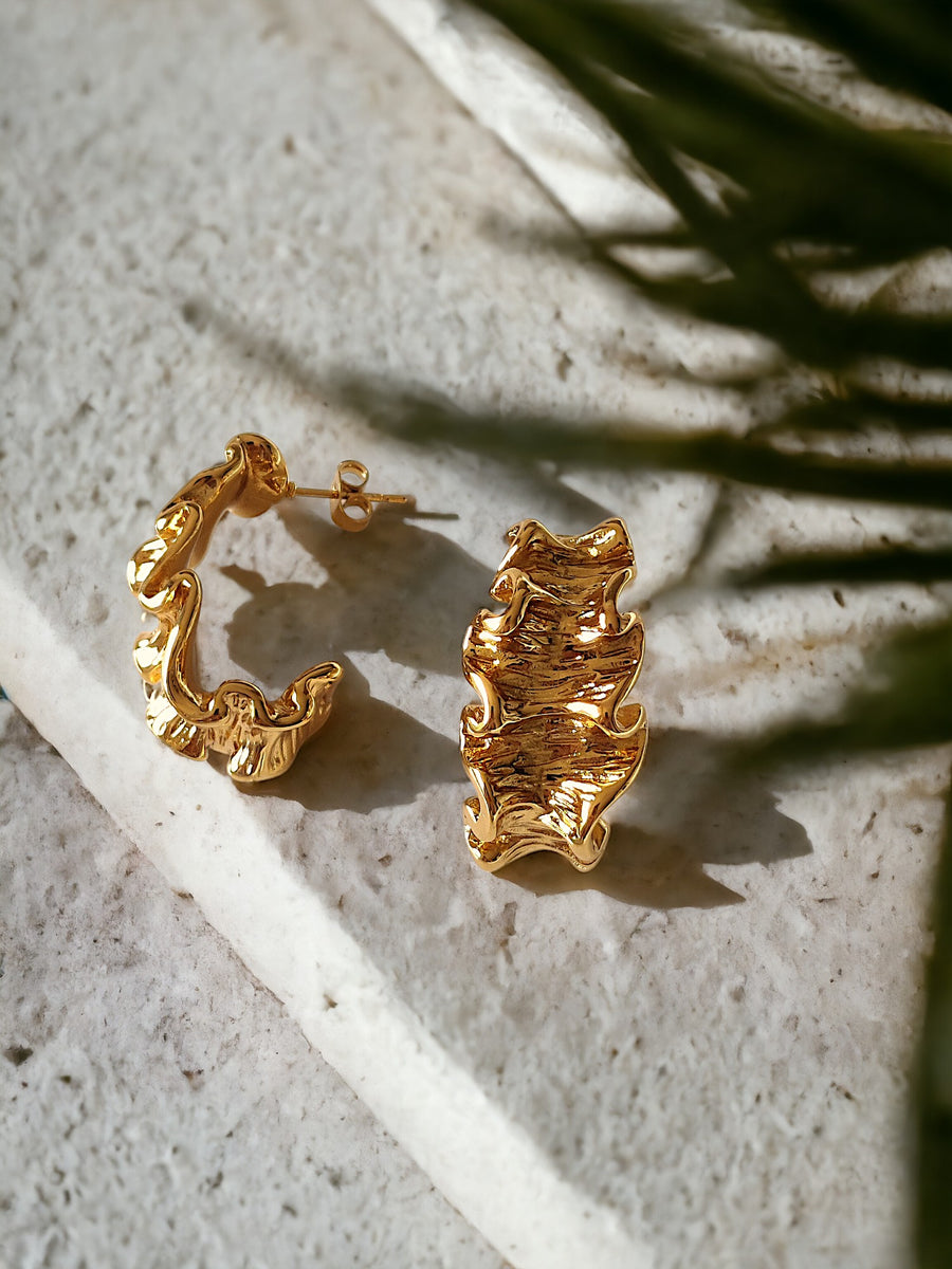 Ruffled Chunky Hoop Earring - Demifine 18KT Gold Plated