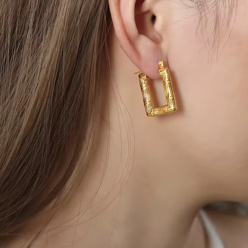 bamboo rectangular hoop Earring - Demifine 18KT Gold Plated