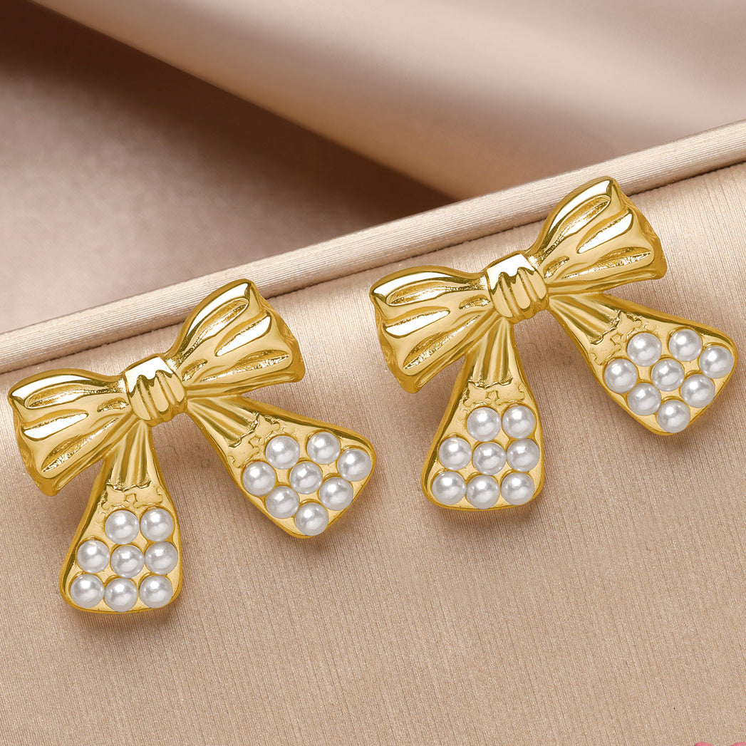 Pearl Studded Bow Earring - Demifine 18KT Gold Plated