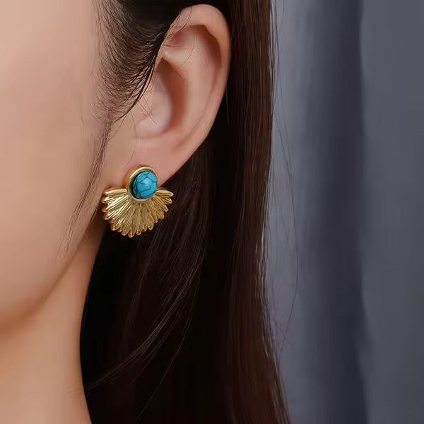 Turquoise Studded Floral Statement Earring - Demifine 18KT Gold Plated