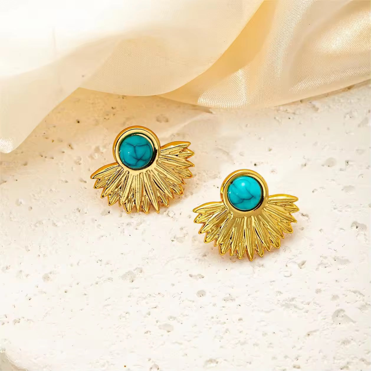 Turquoise Studded Floral Statement Earring - Demifine 18KT Gold Plated