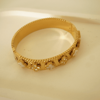 Clover Glow Diamond Studded Cuff Bracelet- Demifine 18KT Gold Plated