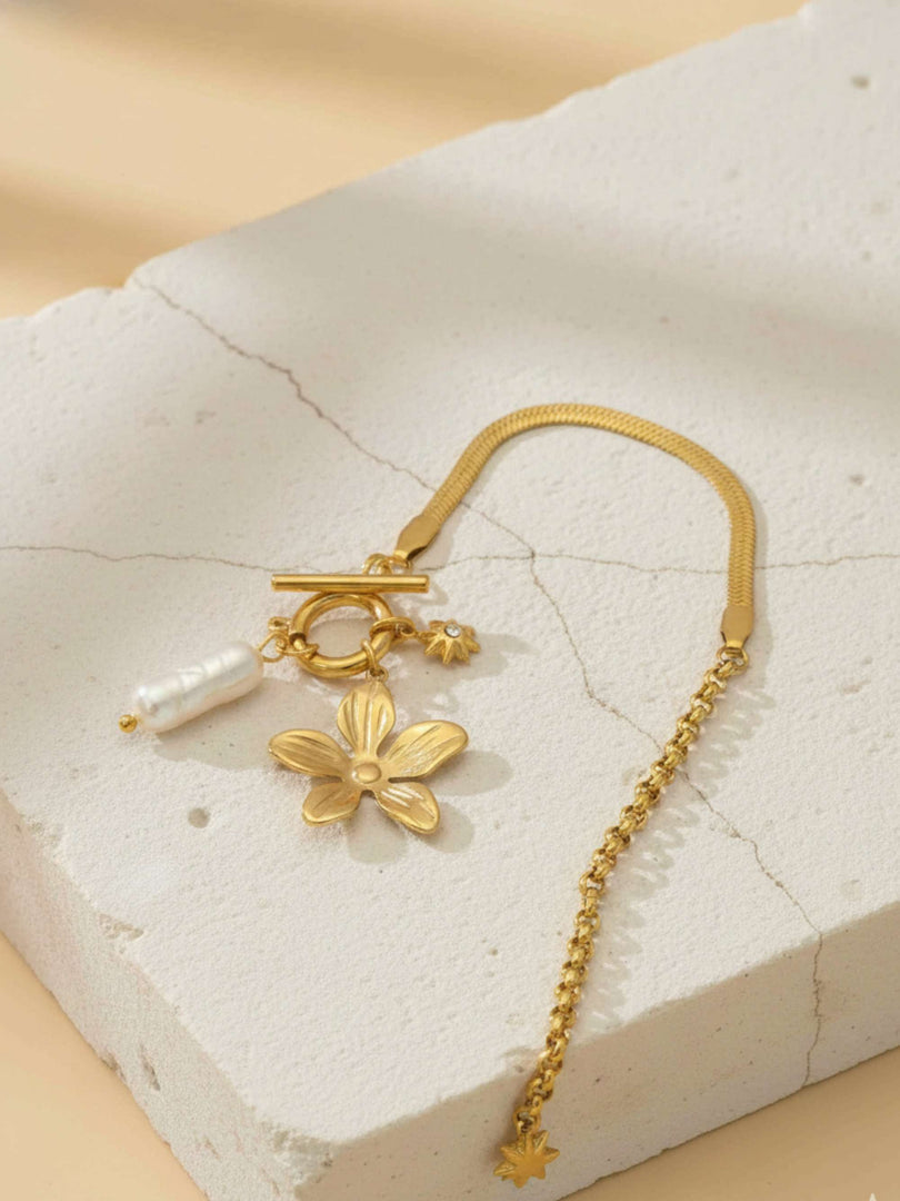 Floral Drama Pearl Charm Bracelet - 18KT Gold Plated