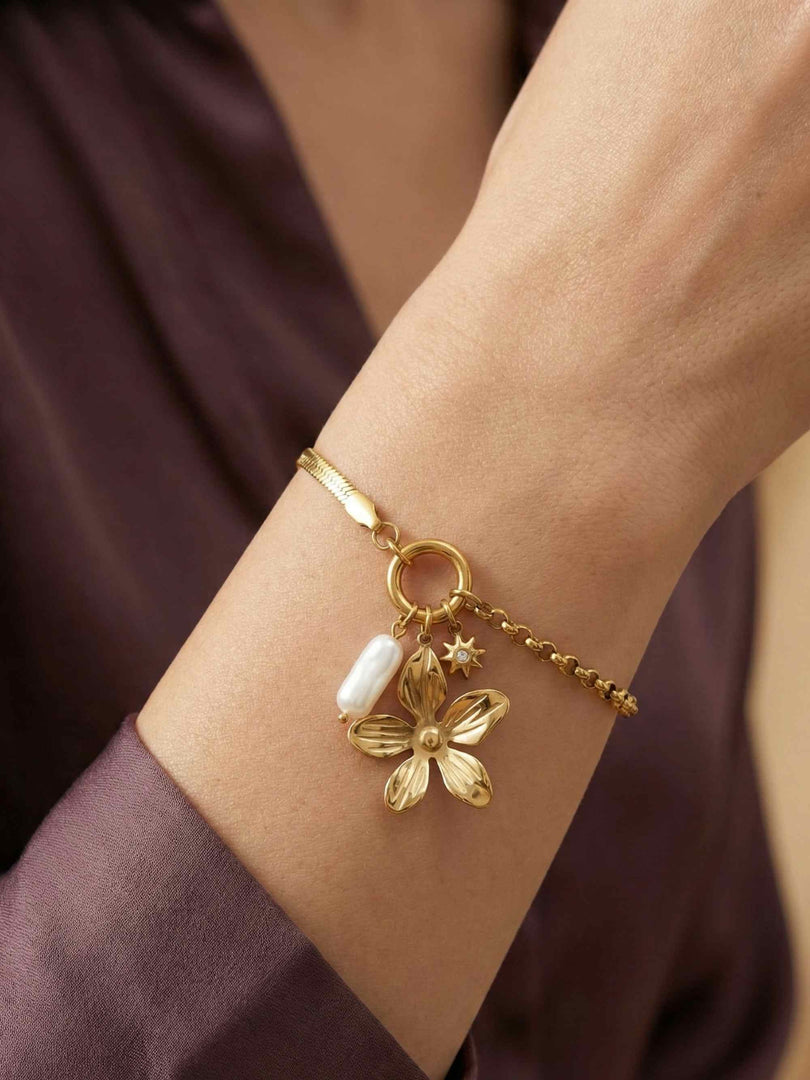 Floral Drama Pearl Charm Bracelet - 18KT Gold Plated
