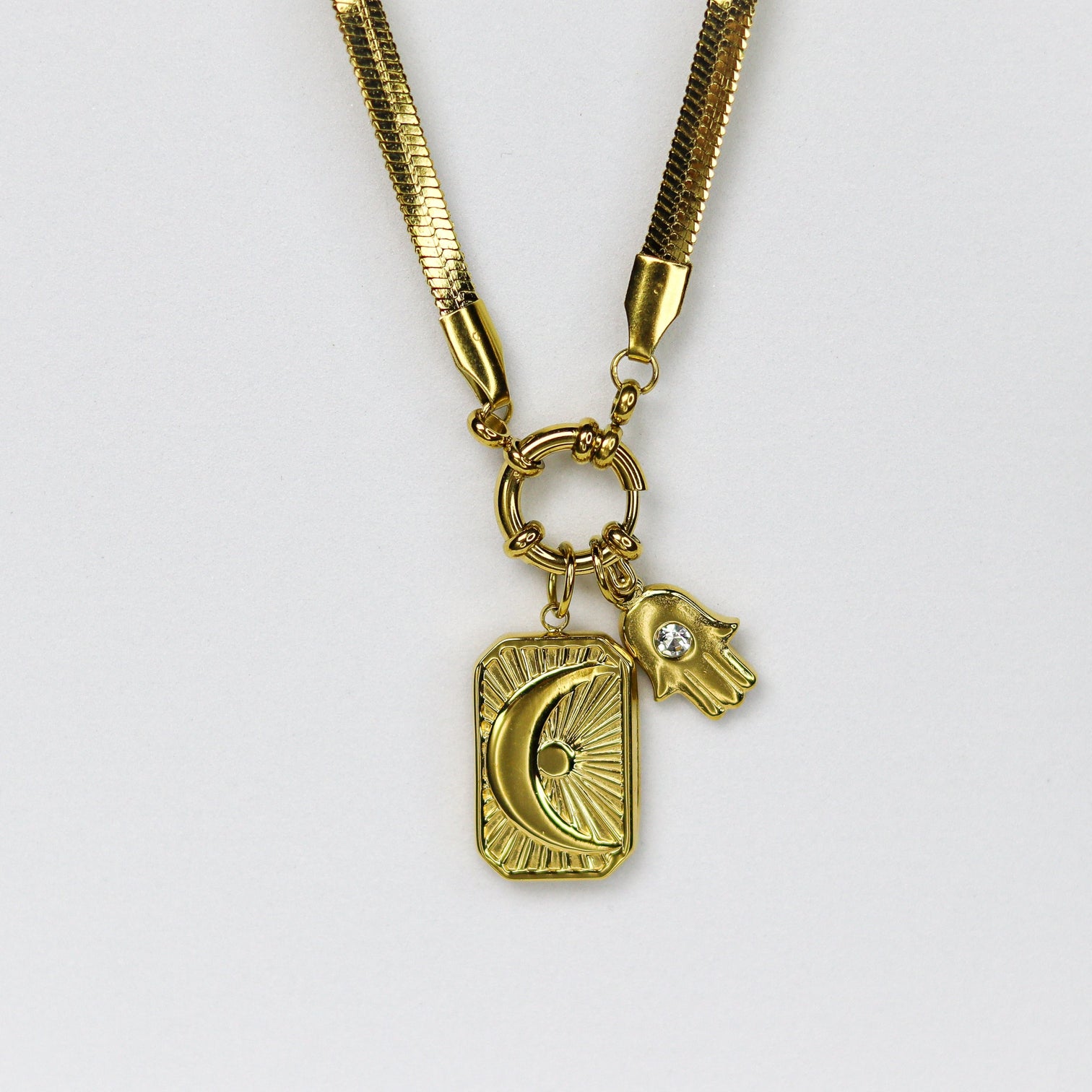 Celestial Luna, Hamsa Hand Charms Pendant Chain - Demifine 18KT Gold Plated