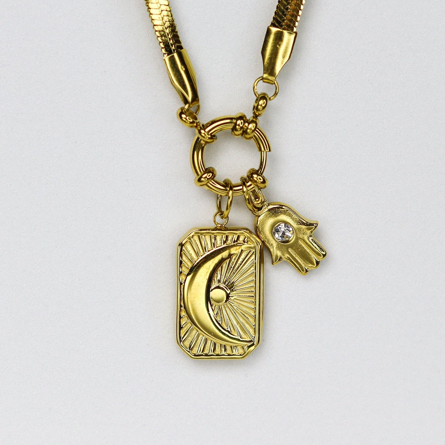 Celestial Luna, Hamsa Hand Charms Pendant Chain - Demifine 18KT Gold Plated