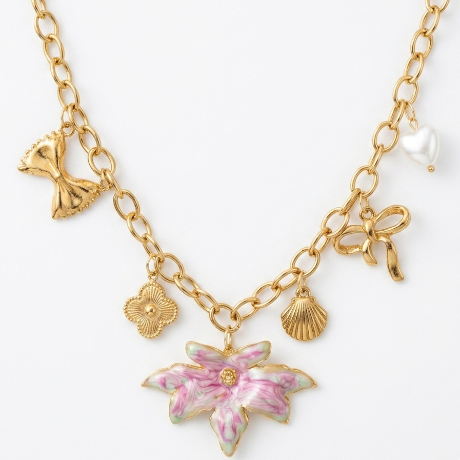 Enamel Orchid & Keepsakes Pendant -18KT Gold Plated