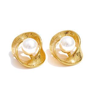 Golden Swirl Pearl Stud Earrings - 18KT Gold Plated