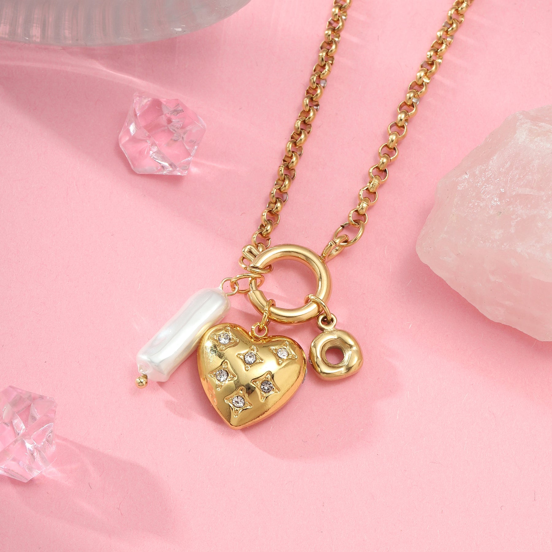 Multi charm MOP Studded Heart Pendant - 18KT Gold Plated