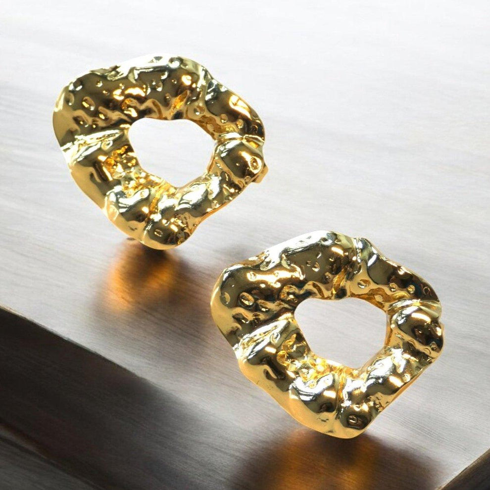 Hammered Textured Round Stud Earring - Demifine 18KT Gold Plated