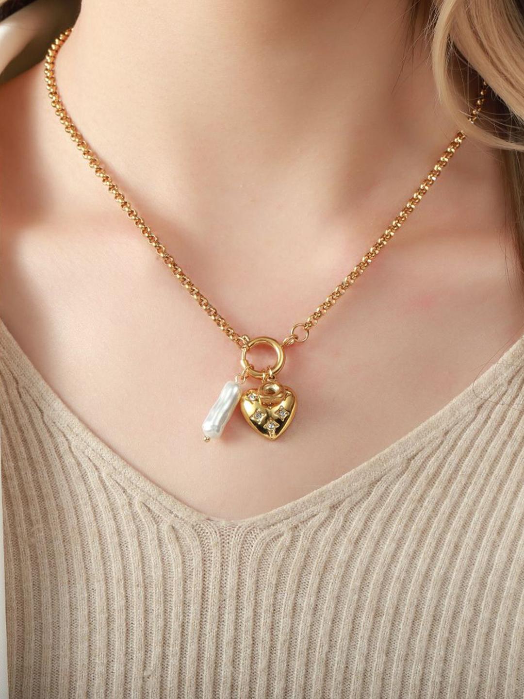 Multi charm MOP Studded Heart Pendant - 18KT Gold Plated