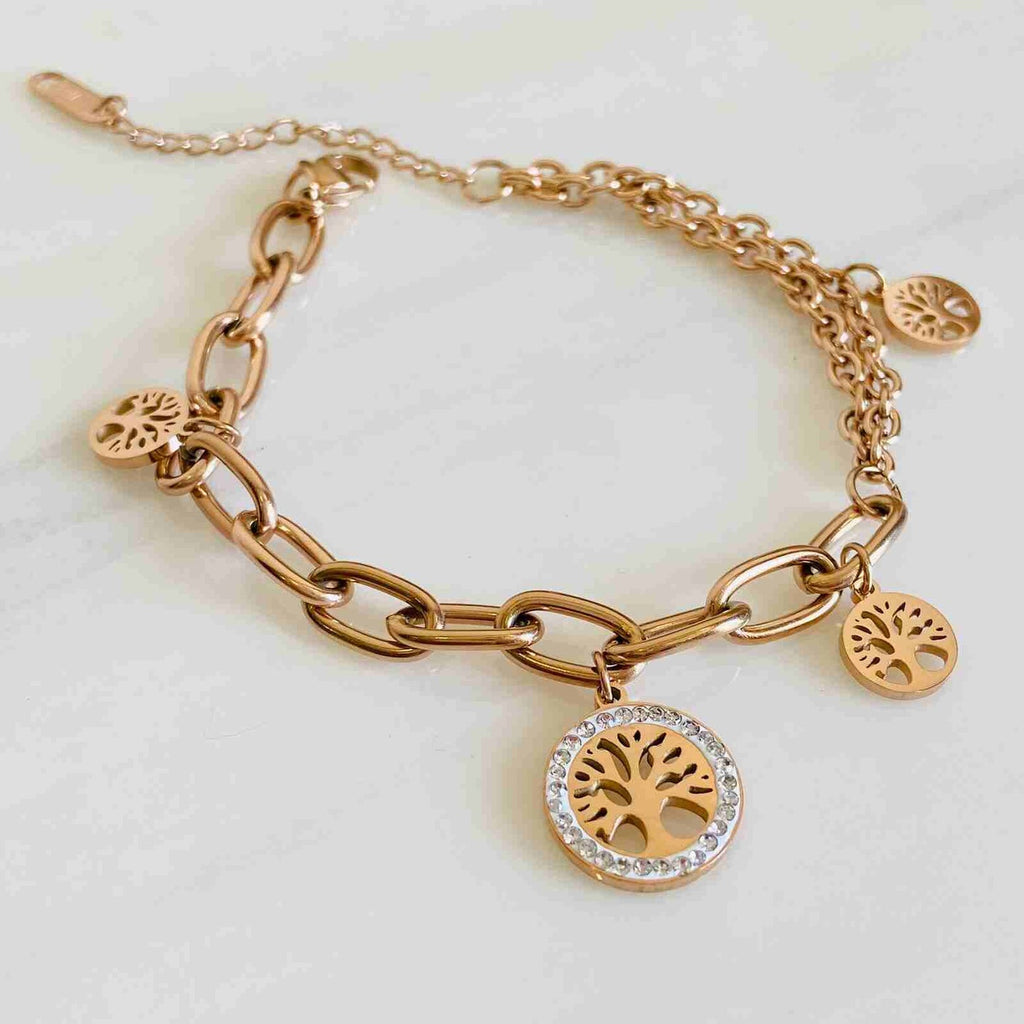 Double Chain Tree of Life Charm Bracelet - Demifine 18KT Gold Plated