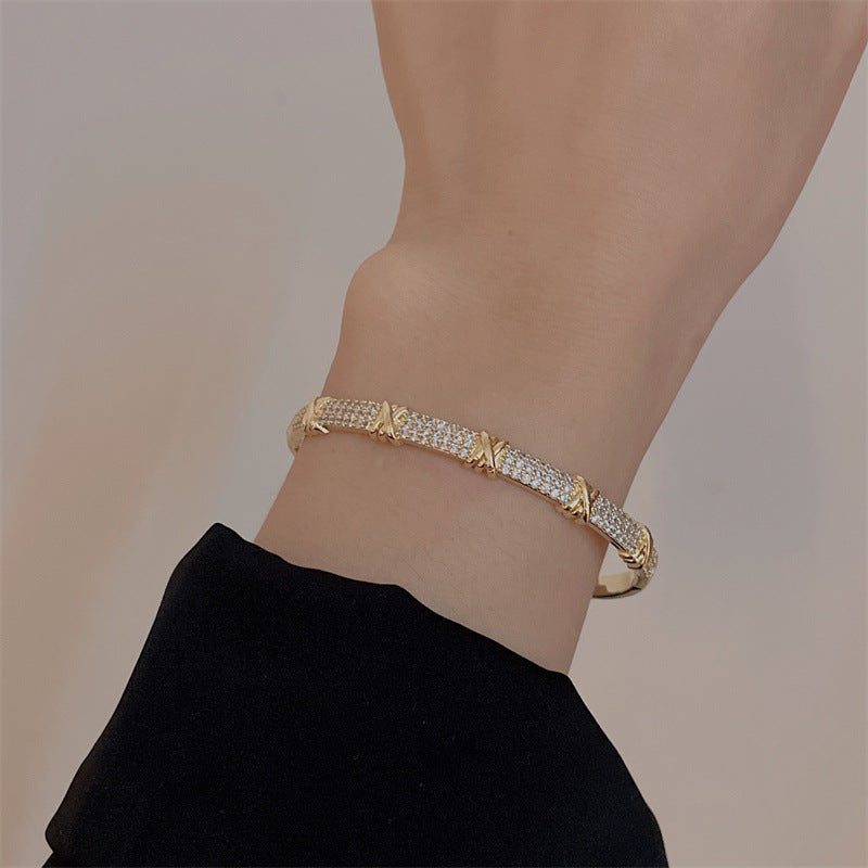 Crossover Diamond Studded Cuff Bracelet - Demifine 18KT Gold Plated