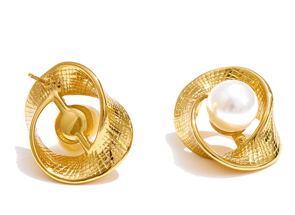 Golden Swirl Pearl Stud Earrings - 18KT Gold Plated