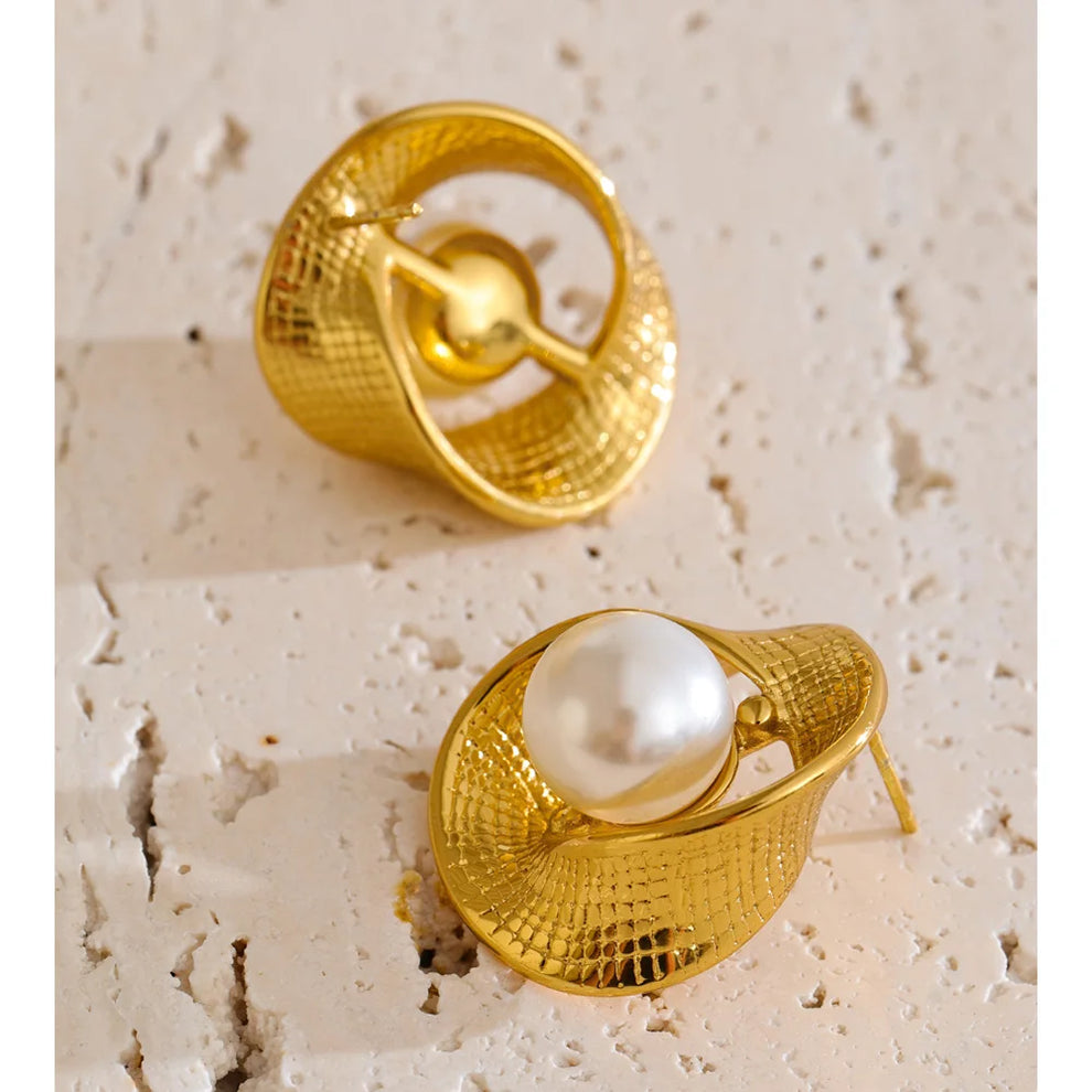 Golden Swirl Pearl Stud Earrings - 18KT Gold Plated