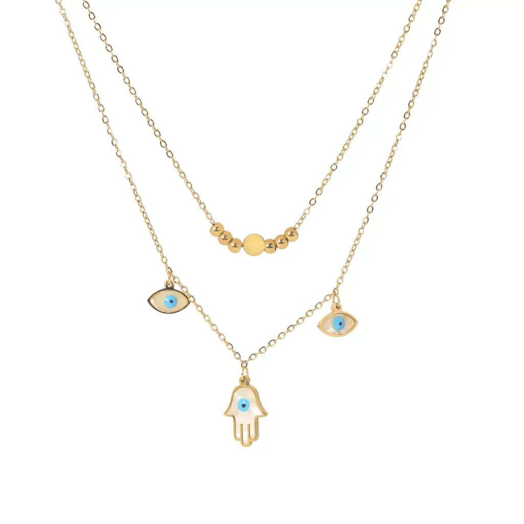 Multilayer Hamsa Hand Evil Eye Pendant Chain- Demifine 18KT Gold Plated