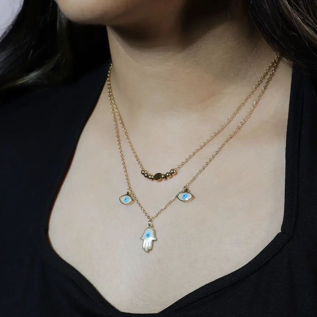 Multilayer Hamsa Hand Evil Eye Pendant Chain- Demifine 18KT Gold Plated