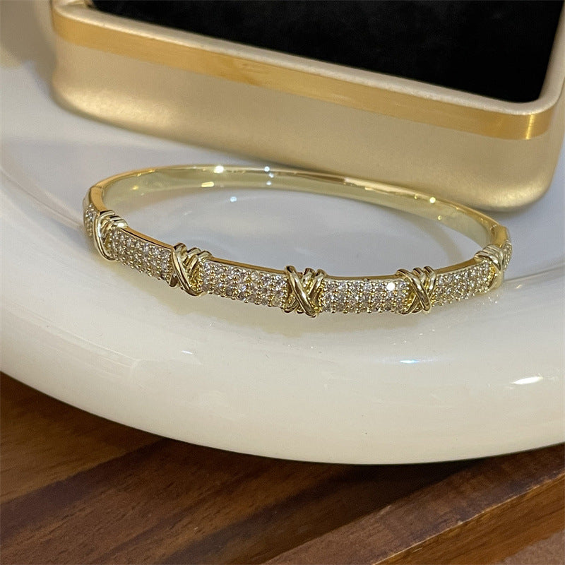 Crossover Diamond Studded Cuff Bracelet - Demifine 18KT Gold Plated