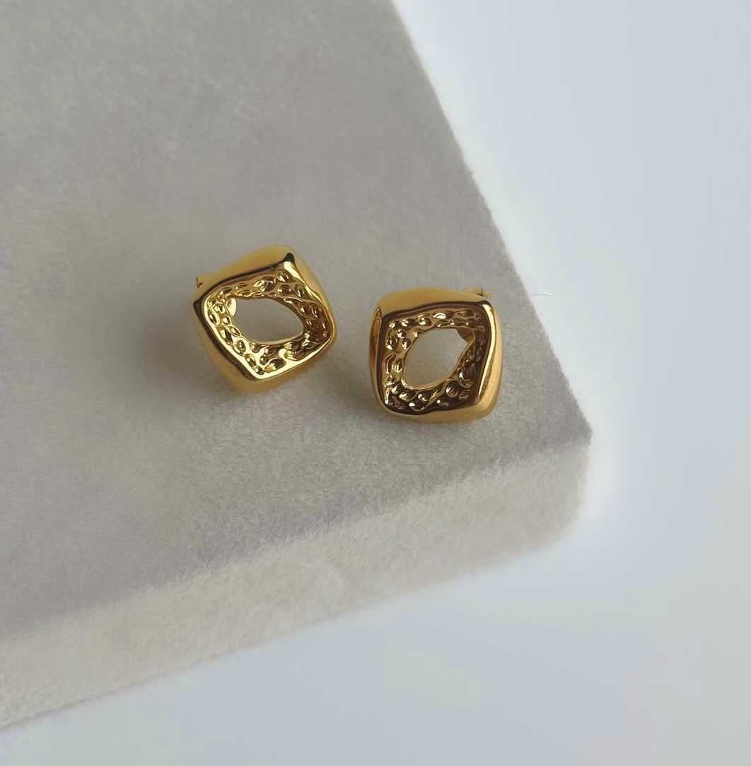 Evana Hammered Square Studio Earrings - Demifine 18KT Gold Plated