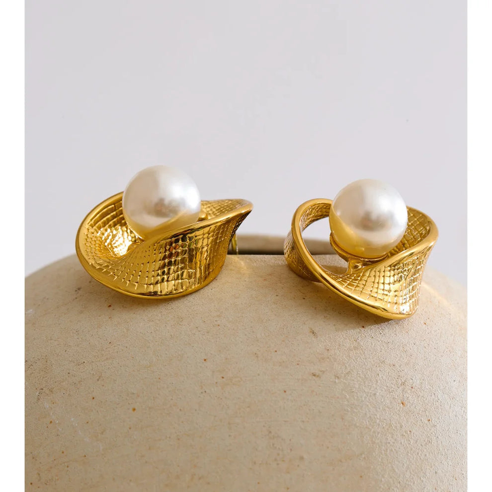Golden Swirl Pearl Stud Earrings - 18KT Gold Plated
