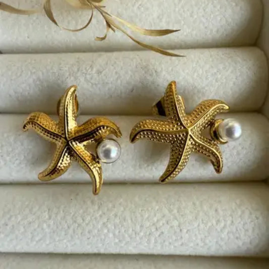 Pearl in a Starfish Anti-Tarnish Demifine Stud Earrings - 18KT Gold Plated