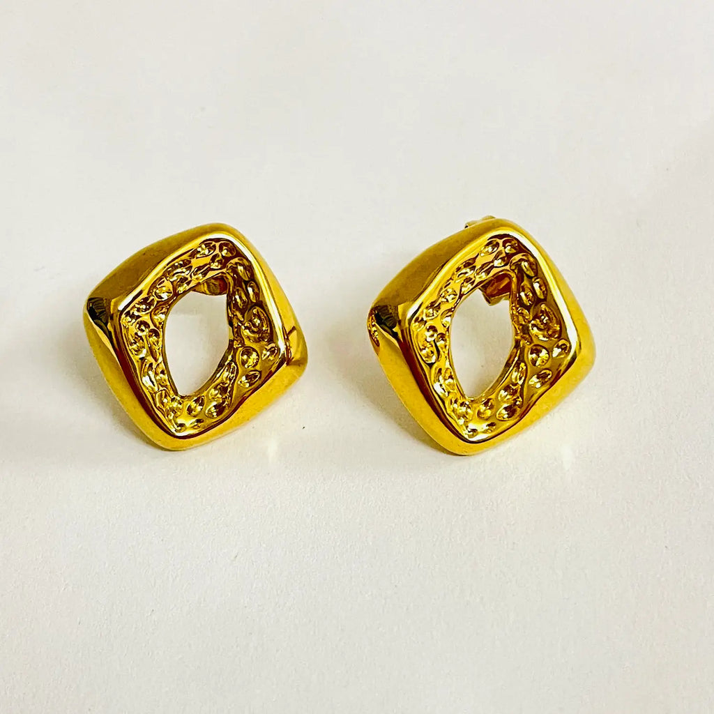 Evana Hammered Square Studio Earrings - Demifine 18KT Gold Plated