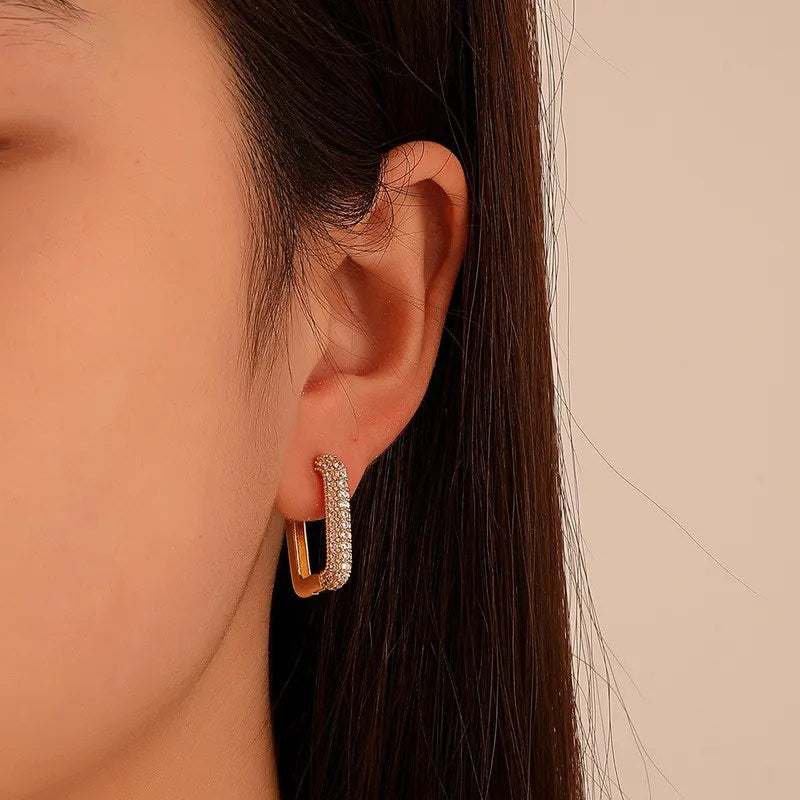 Zirconia Studded Square Hoop Earrings - Demifine 18KT Gold Plated