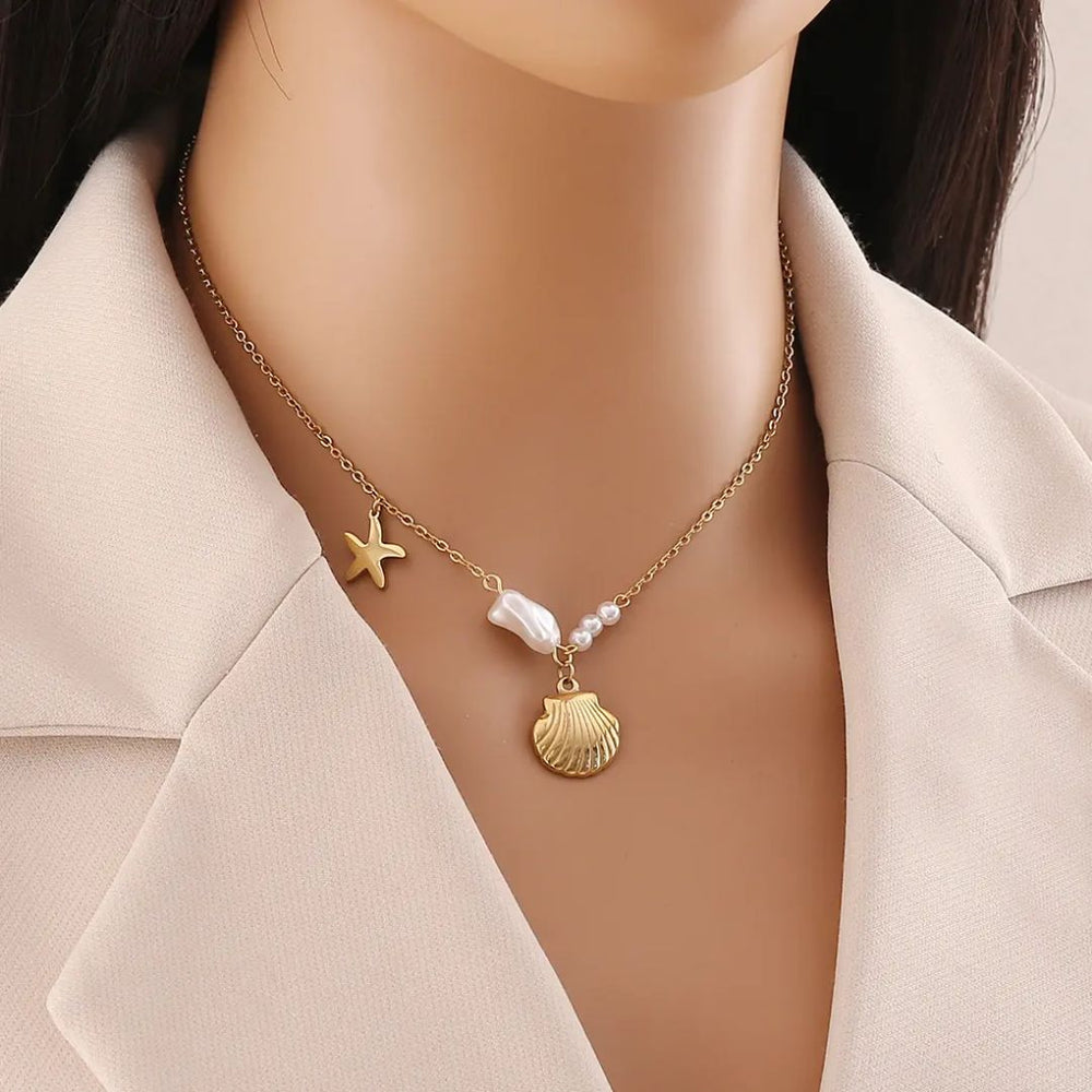 Starfish, Pearl Seashell Charms Pendant Chain -Demifine 18KT Gold Plated