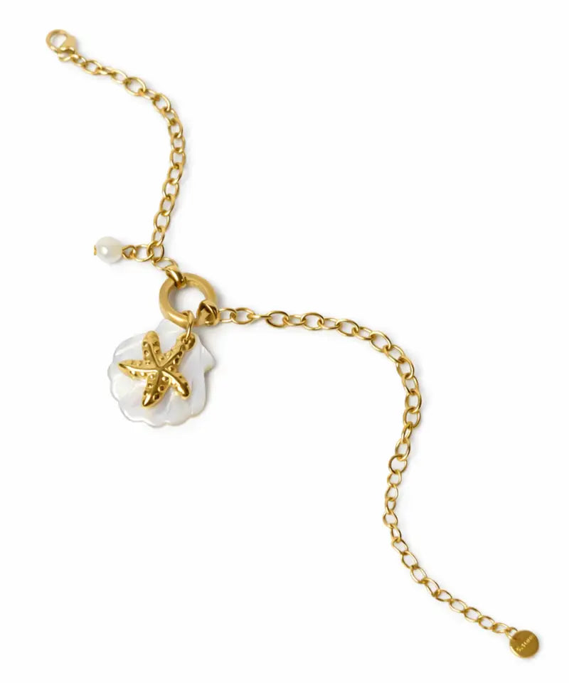Beachy Starfish, Shell, Pearl Charms Bracelet - Demifine 18KT Gold Plated