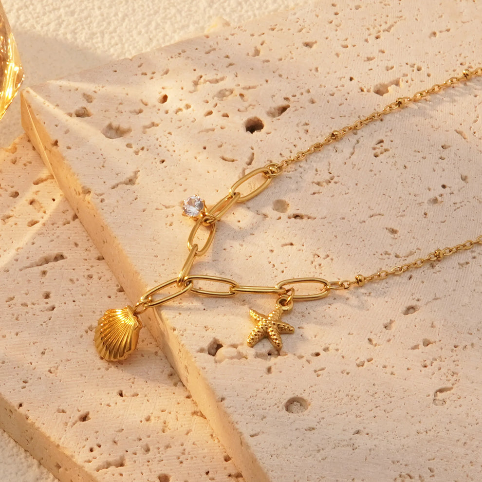Beachy Starfish, Shell Charms Pendant Chain - Demifine 18KT Gold Plated