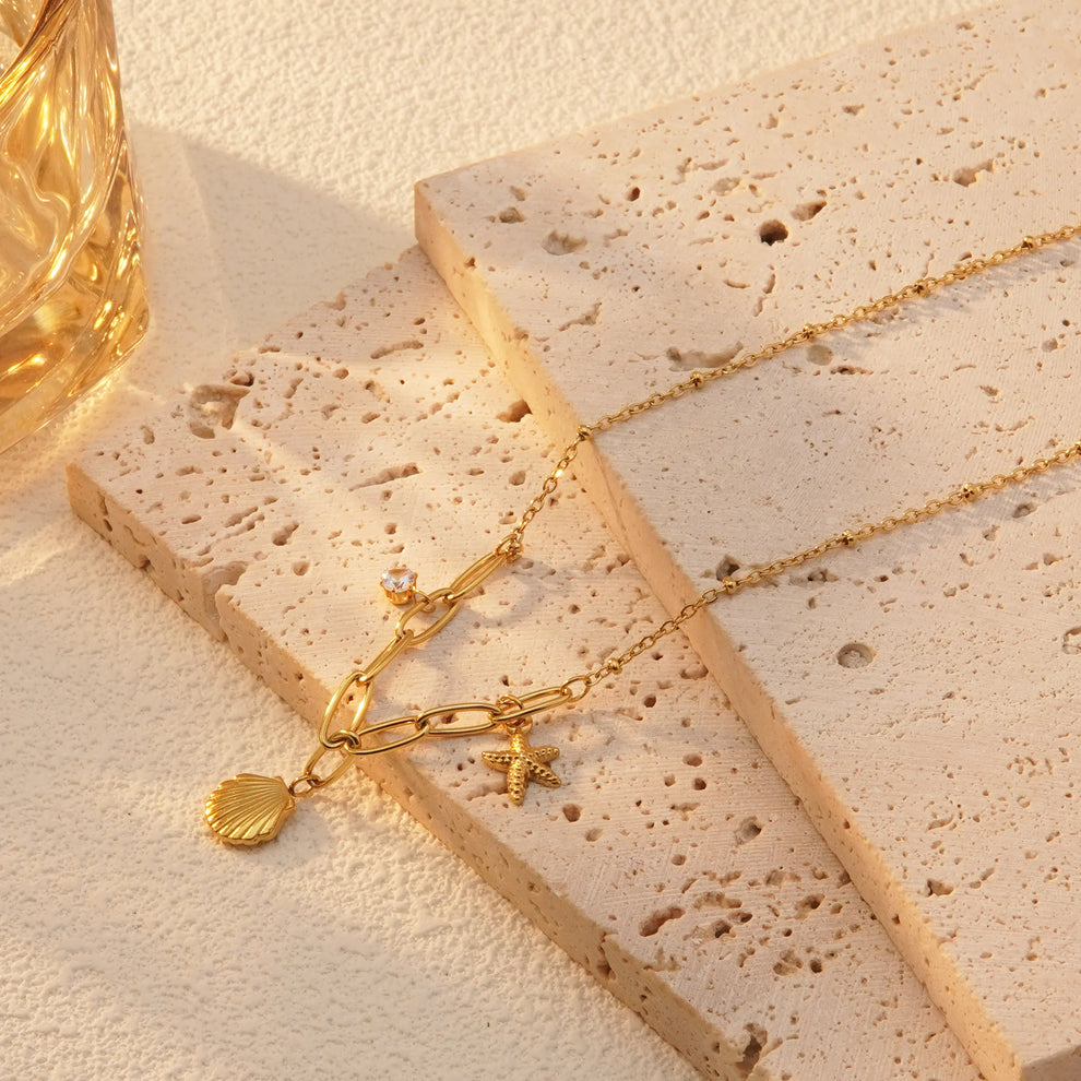 Beachy Starfish, Shell Charms Pendant Chain - Demifine 18KT Gold Plated