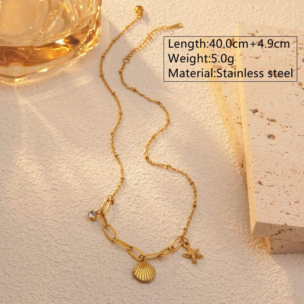 Beachy Starfish, Shell Charms Pendant Chain - Demifine 18KT Gold Plated