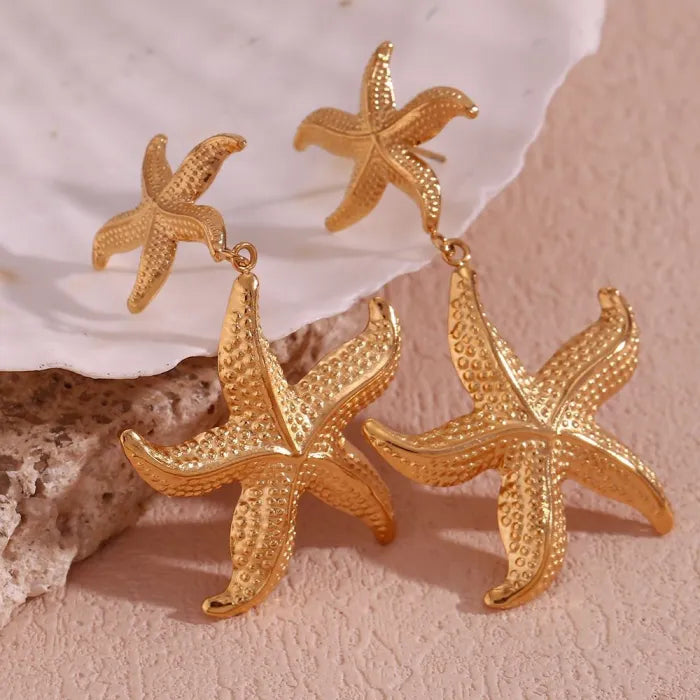 Textured Double Starfish Statement Dangling Earring - Demifine 18KT Gold Plated