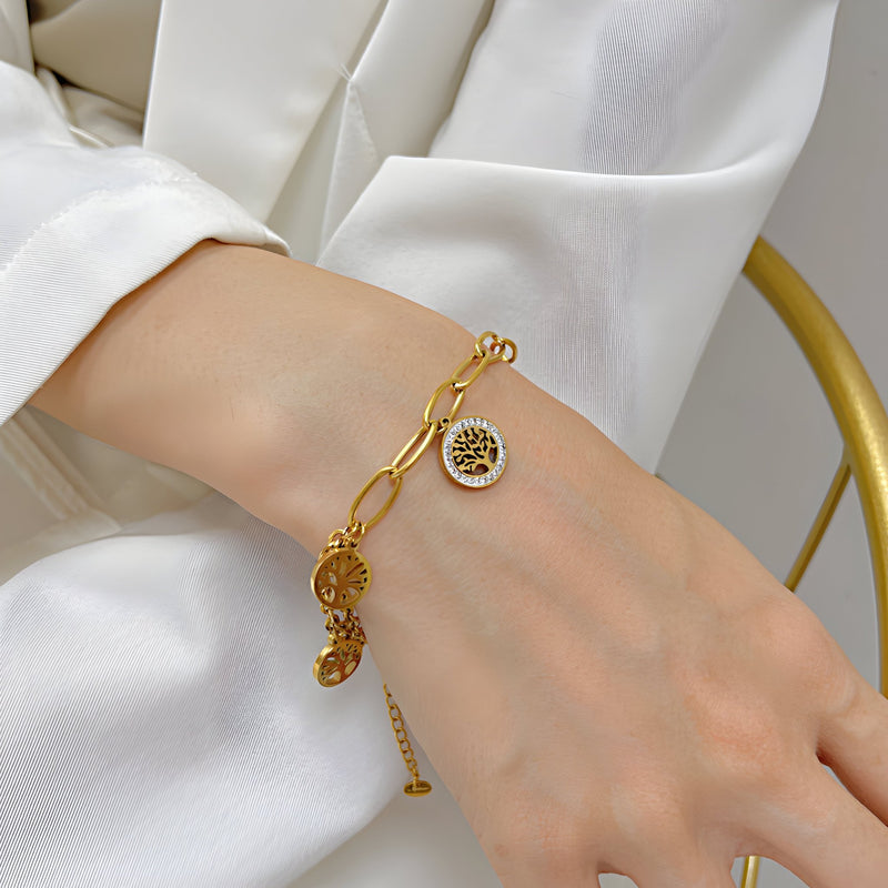Double Chain Tree of Life Charm Bracelet - Demifine 18KT Gold Plated