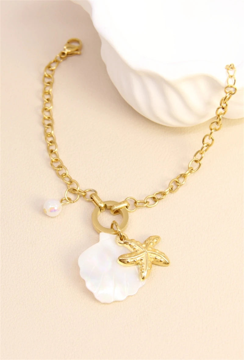 Beachy Starfish, Shell, Pearl Charms Bracelet - Demifine 18KT Gold Plated