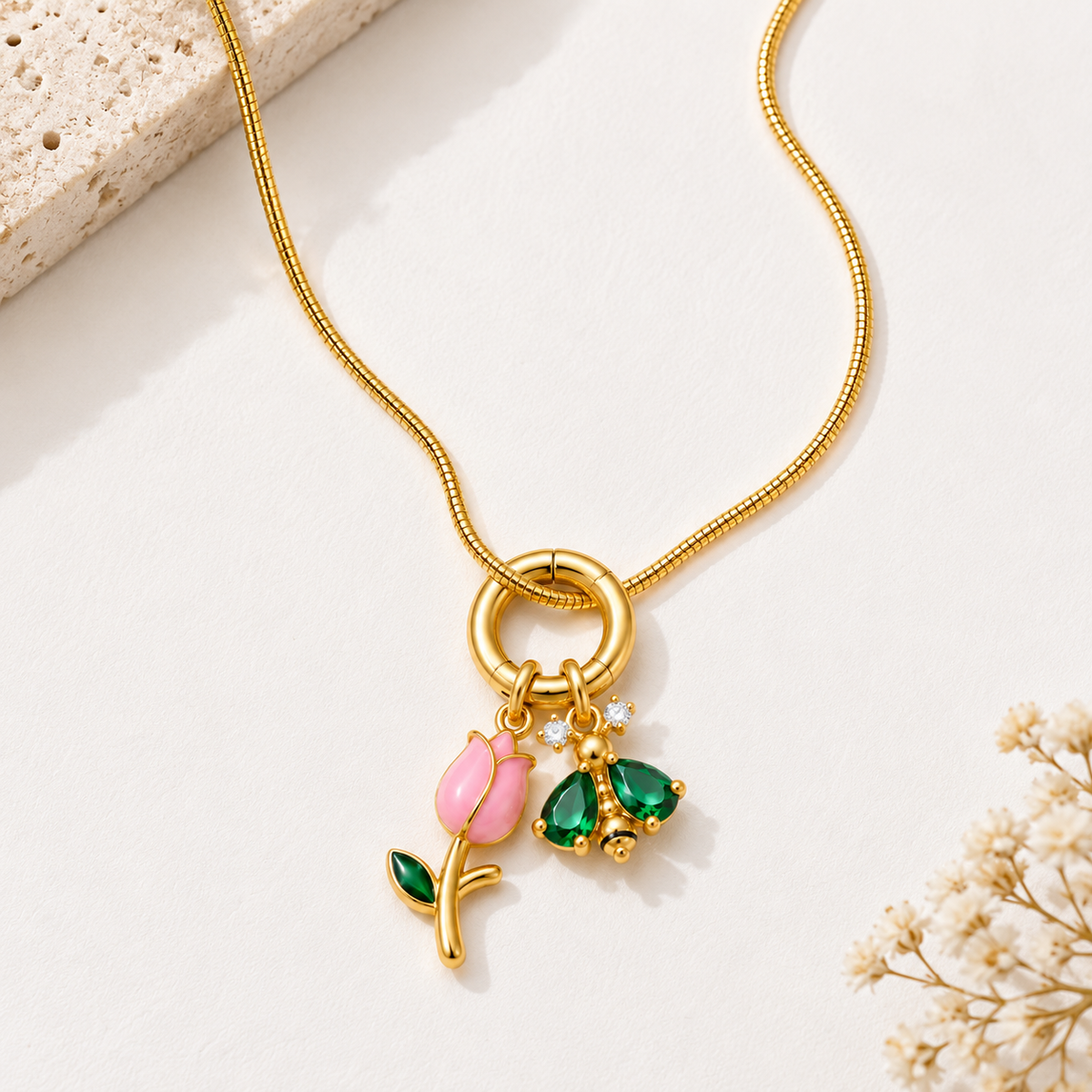 Tulip Bee Charm Pendant -18KT Gold Plated